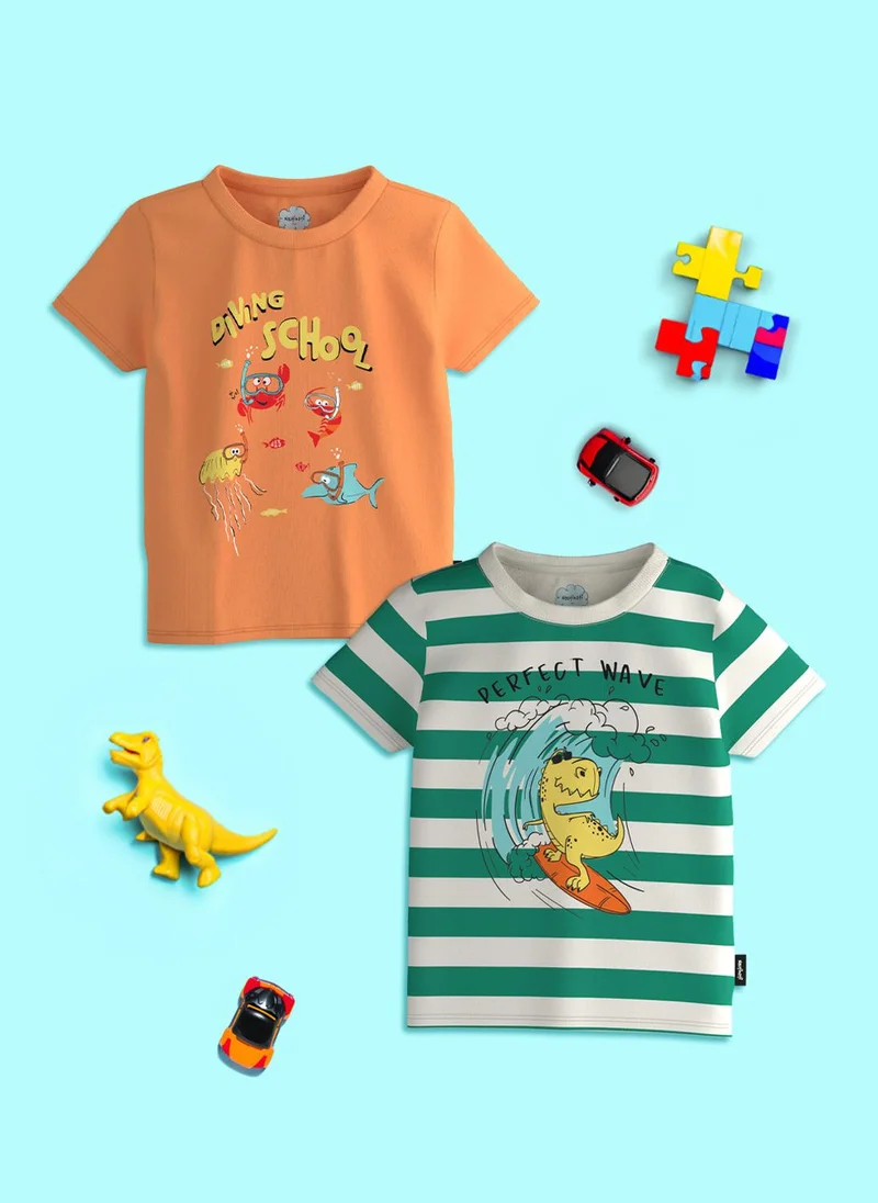 Boys' Cotton Sea Animal and Dino Printed Pack of 2 T-shirts